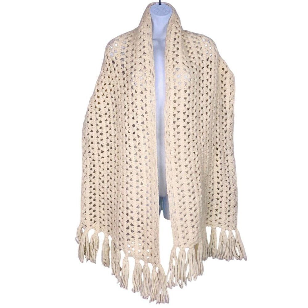 Vintage Womens Scarf Off White Handmade 85"x17" Fringed Rectangle Winter